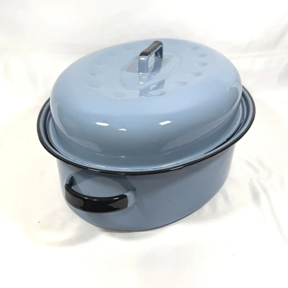 Vintage Enamelware Oval Roasting Pan with Lid Blue Farmhouse Large 16.5in Roastr